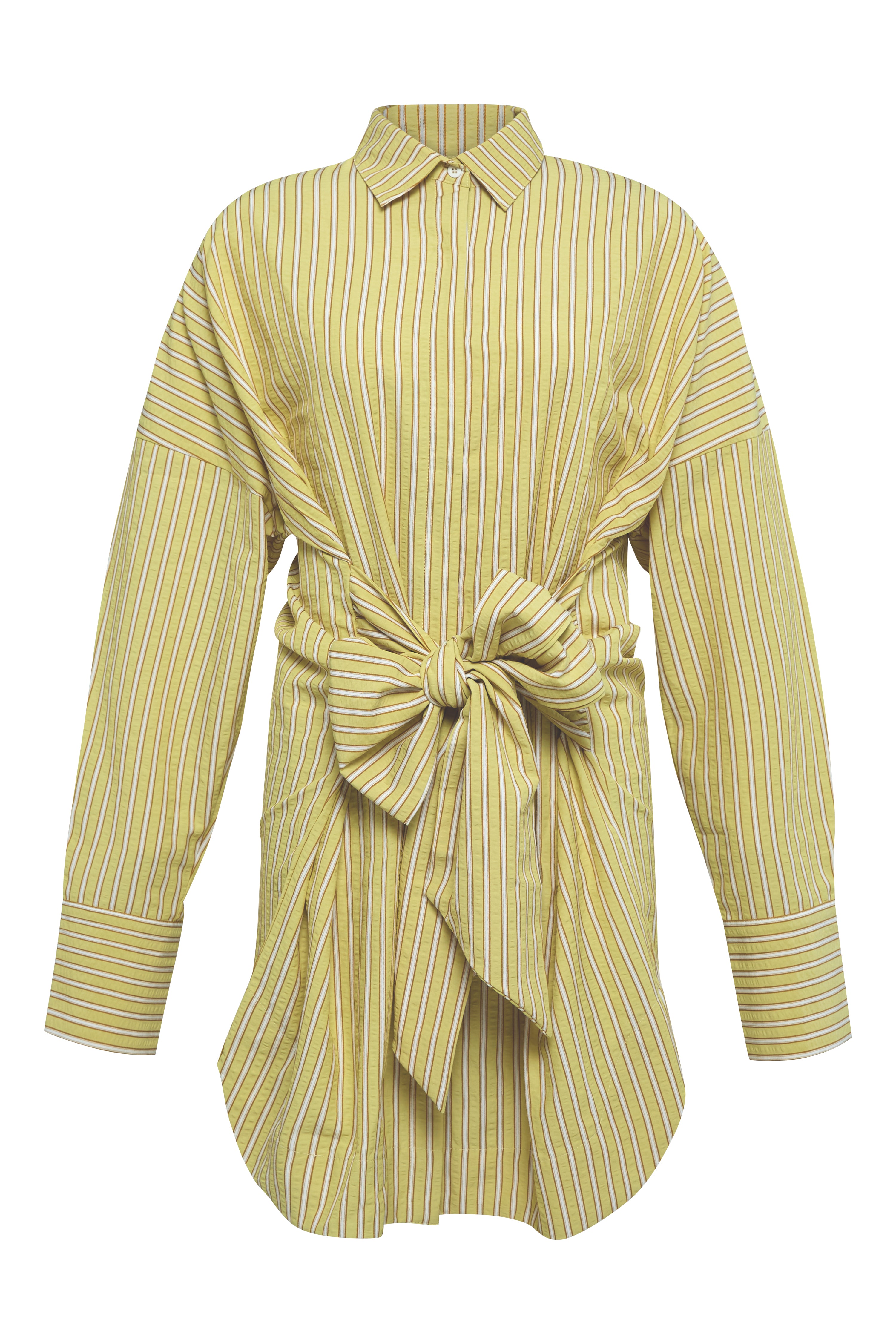 VILLA BANANA OVERSIZED SHIRT DRESS - Muted Yellow with Olive Pin Stripe