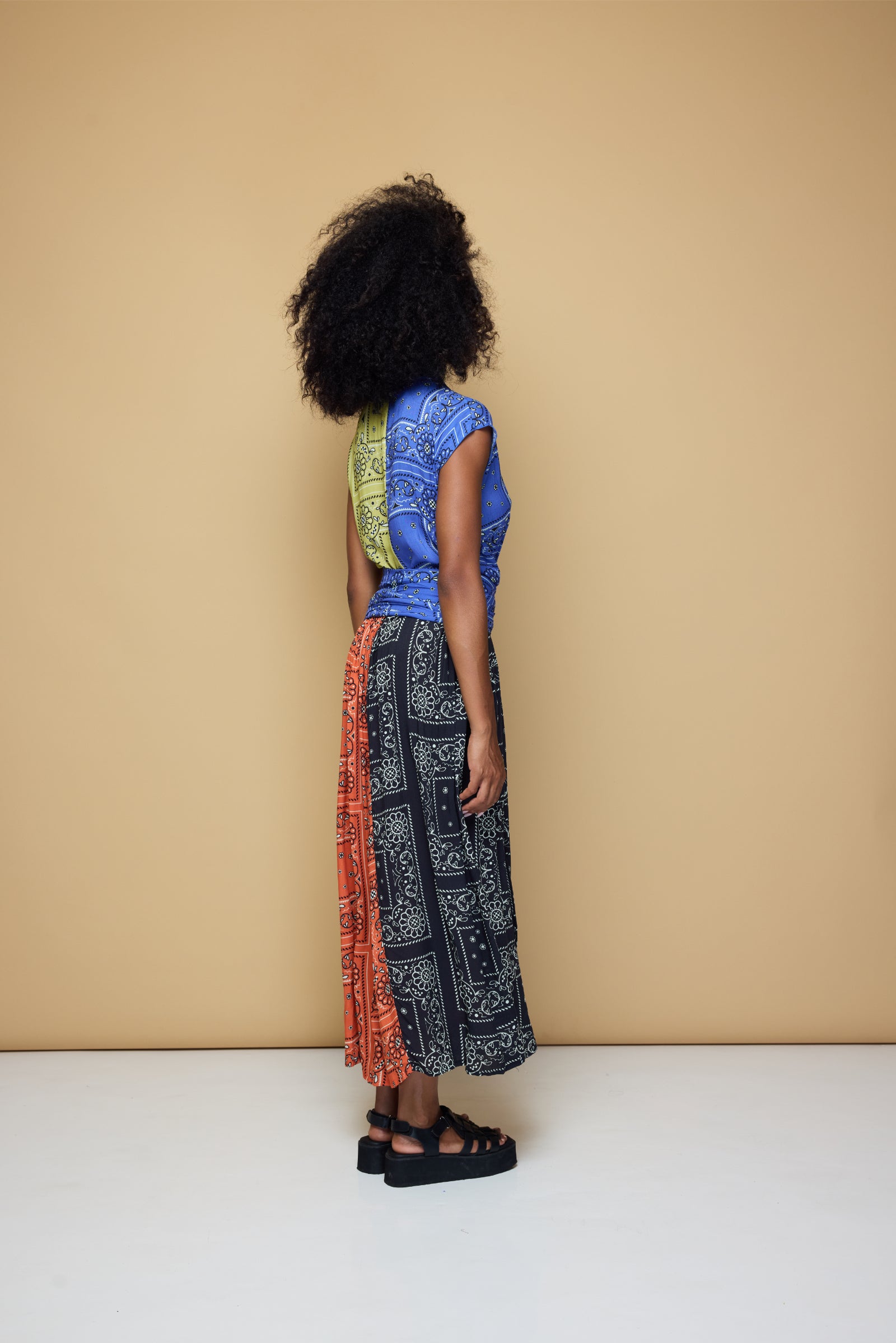 THE POINT DRESS MAXI - PATCHWORK BANDANA BLUE/LIME/BLACK/BLOOD ORANGE