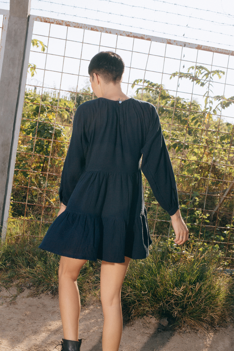 THE DYLAN MINI 3-TIERED DRESS WITH KNITTED WARMER - Ink Blue