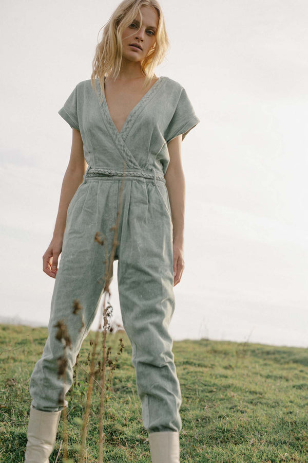 JANE SAYS  STONE WASHED JUMPSUIT - SAGE GREEN