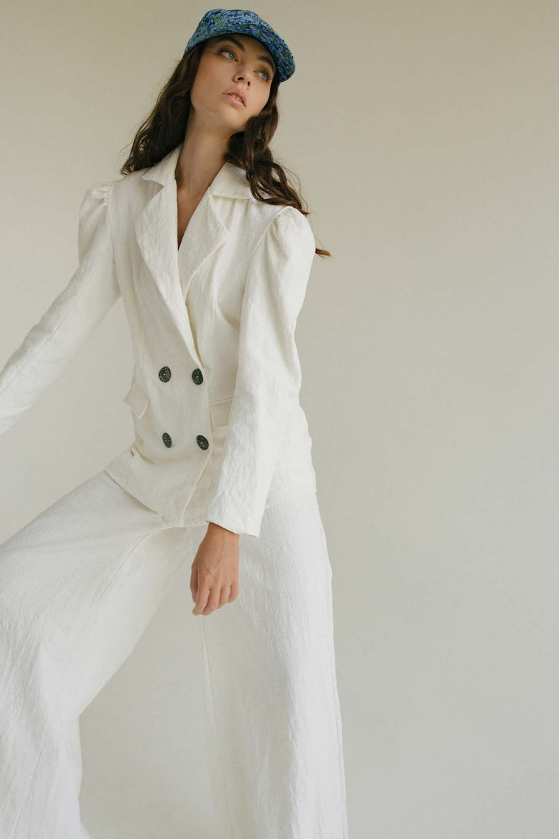 BODENE WIDE LEG SUIT PANT - OFF WHITE / CHAROCOAL BUTTONS