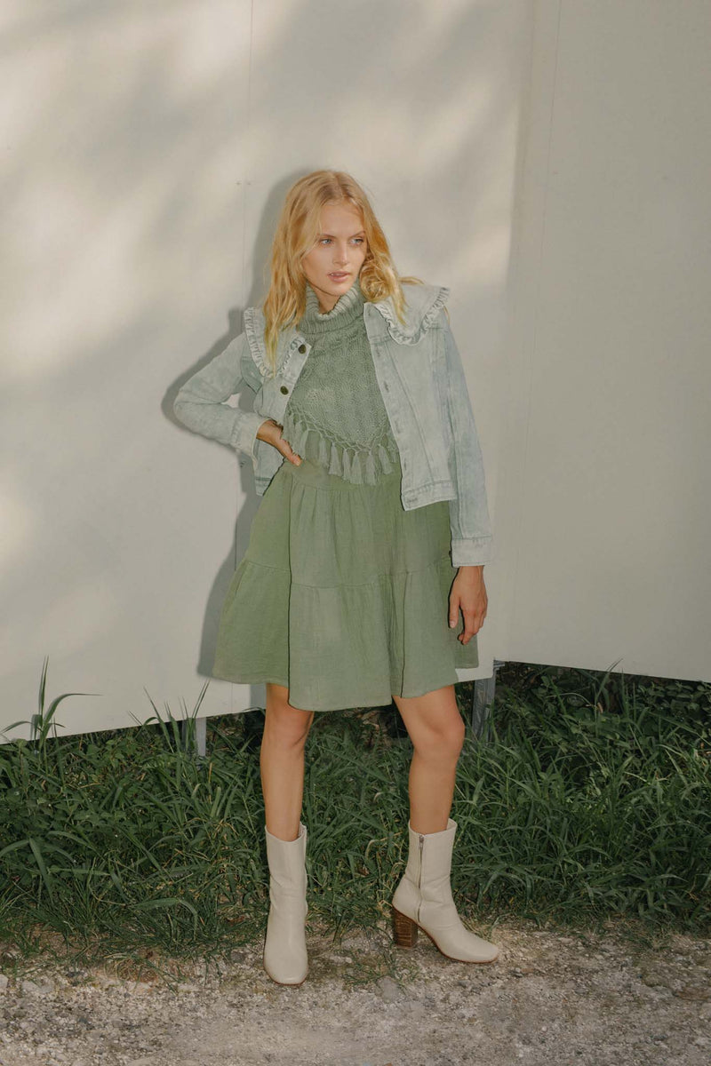 THE DYLAN MINI 3-TIERED DRESS WITH KNITTED WARMER - Sage Green